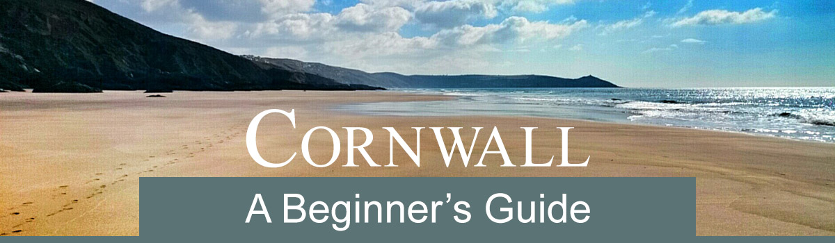 A Cornwall beach with text - Cornwall, a beginners guide