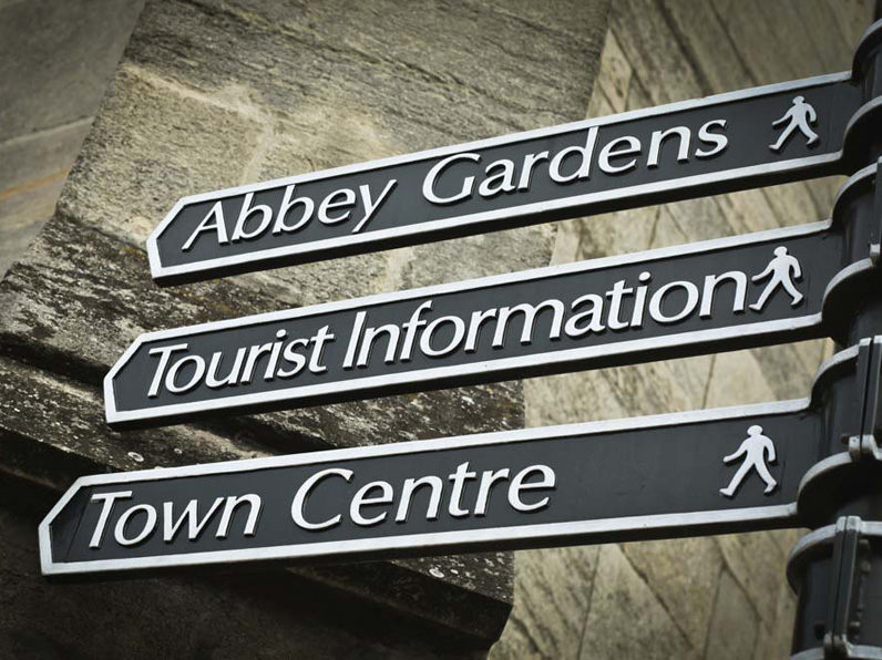 A Suffolk signpost to show where to go for town centre, Abbey gardens and tourist information
