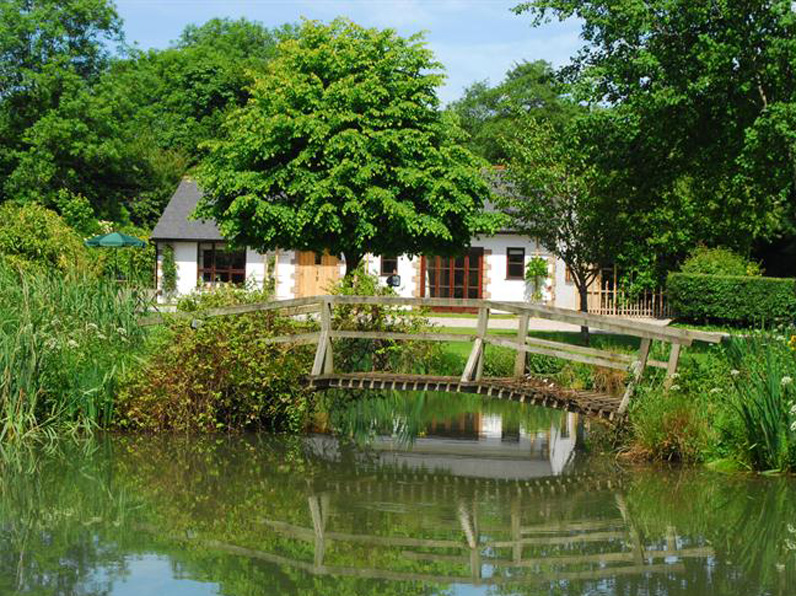 Pond with bridge over and cottage in background