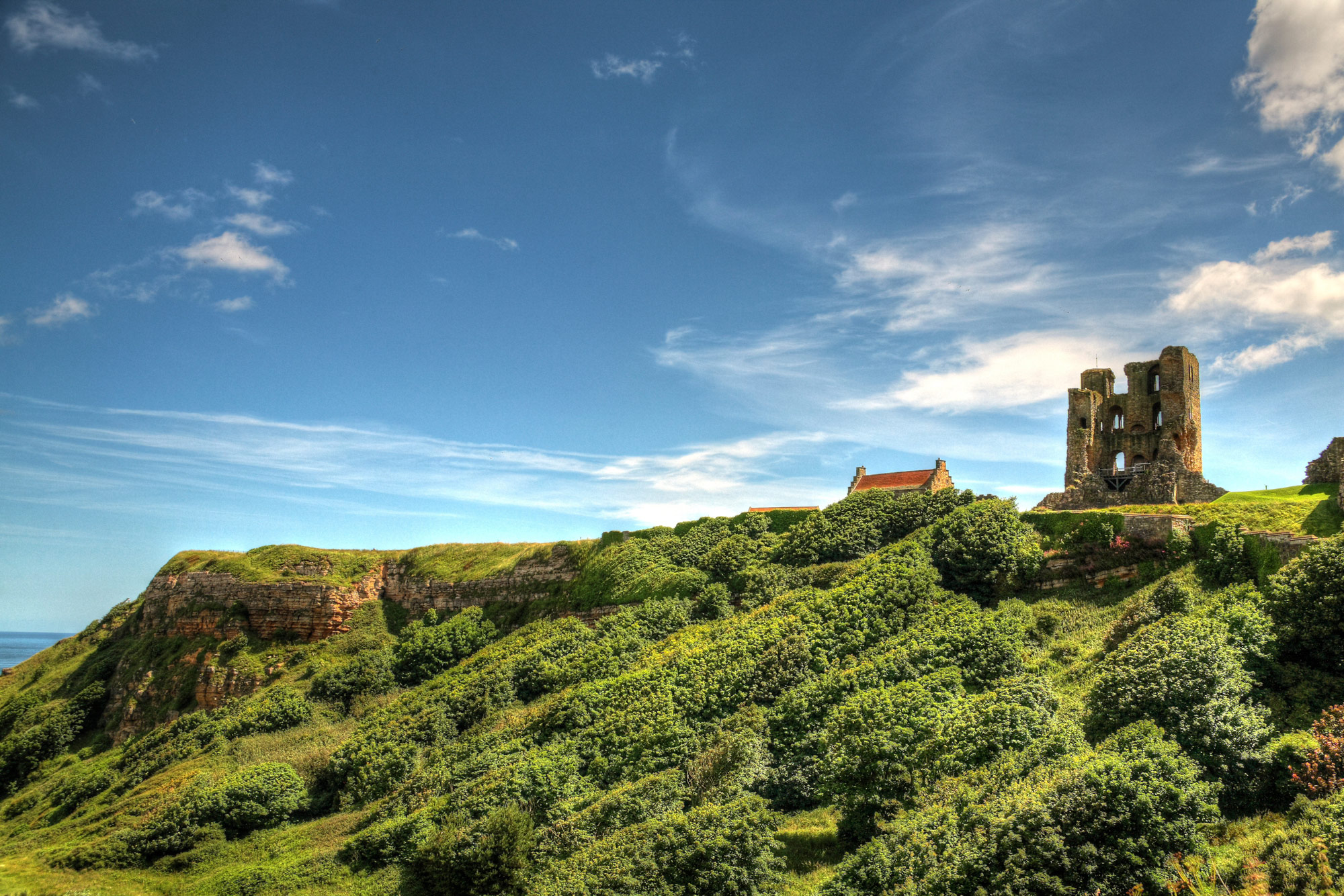 Looking up at castle ruins