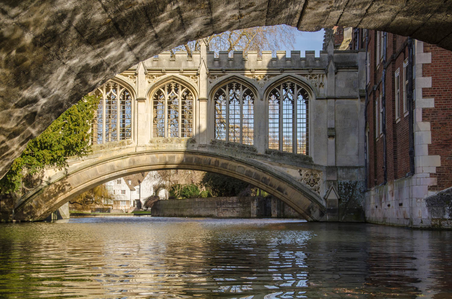 View of Cambridge college with its bridges across the river