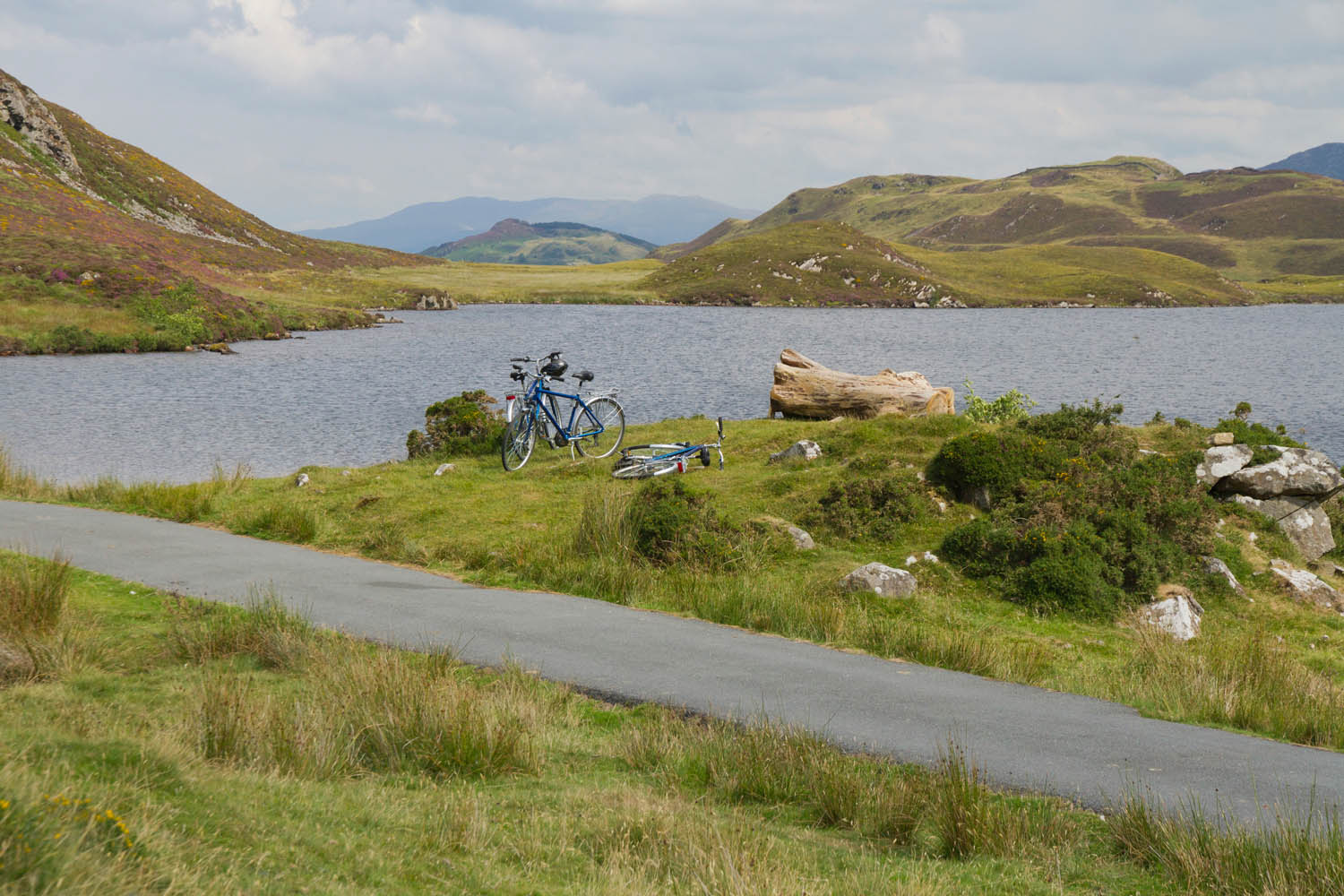 View of cyclist's bikes next to a lake