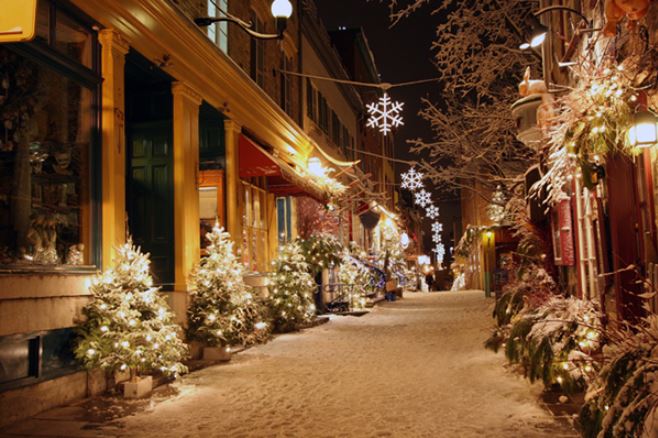 Street full of shops and christmas decorations