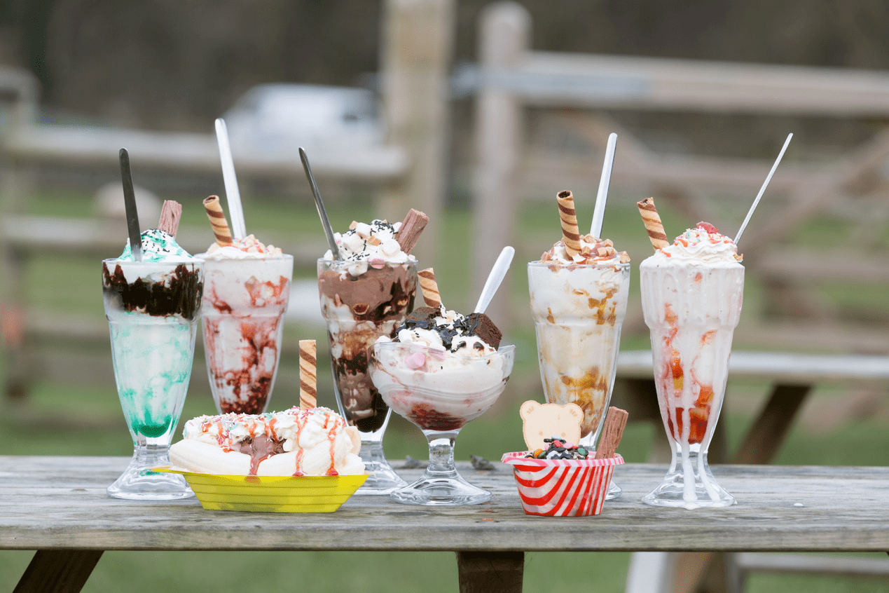 Selection of ice creams on table in the Peak District