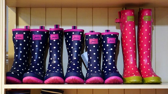 Row of pink polka dot wellies