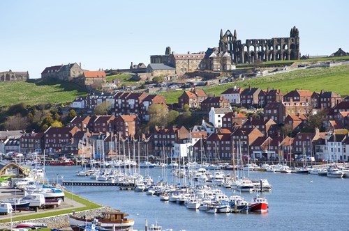 Whitby harbour with Whitby Abbey in the background