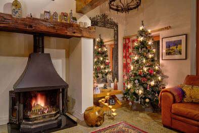 Real fire and christmas tree in a luxury holiday cottage