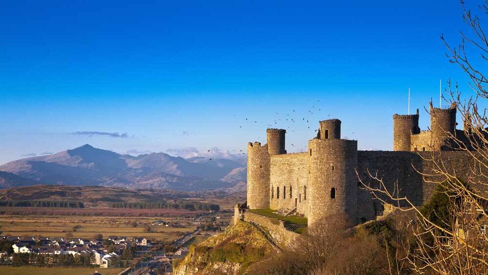 Harlech Castle with views of the mountains