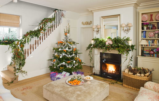 Cottage living area decorated with Christmas decorations