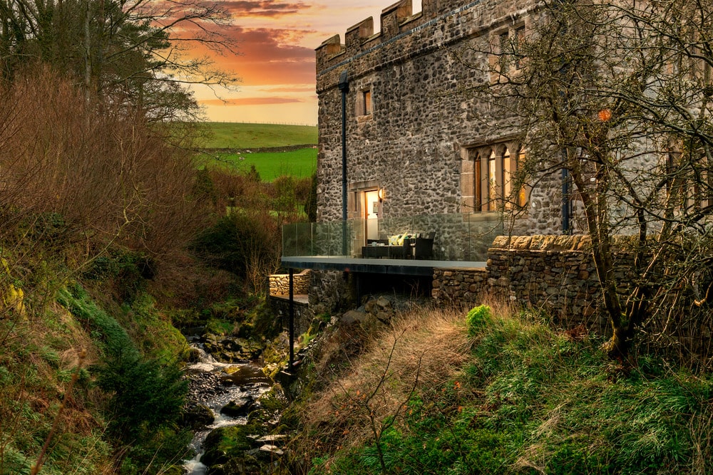 Outside view of The Pele Tower at Dusk