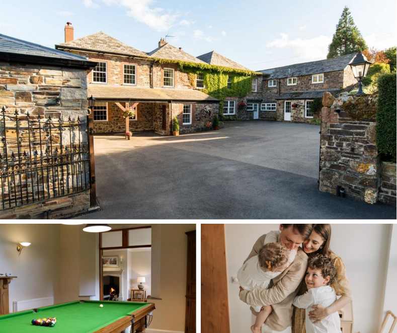 Stone-built countryside retreat with gated courtyard, featuring a traditional snooker room and heartwarming family cuddle scene indoors.