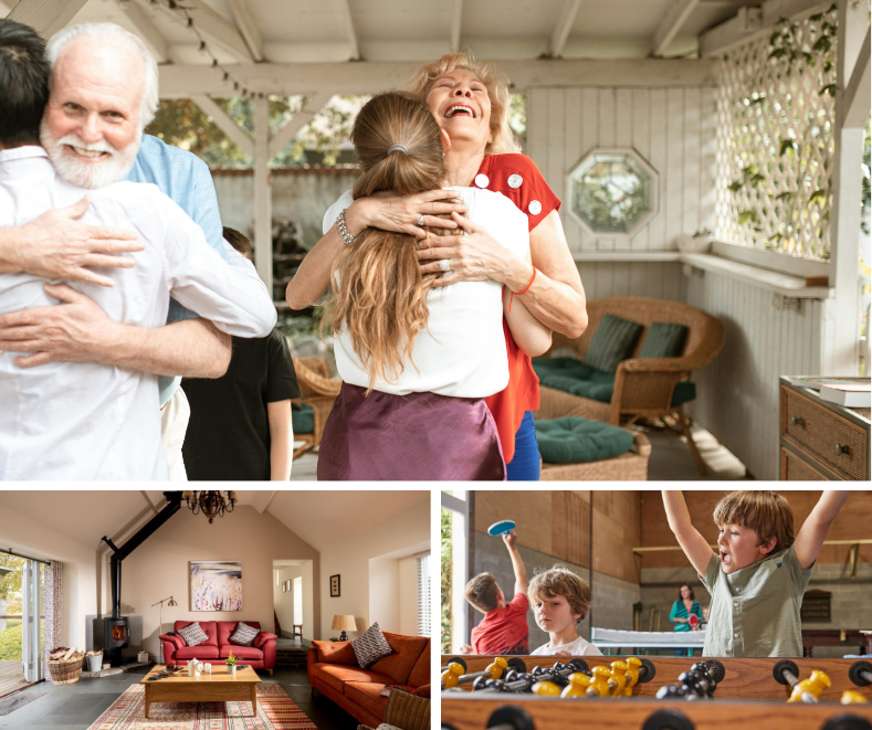 Heart-warming family reunion under a covered veranda, with interiors showing a cosy living room and children playing table football in a rustic games barn.