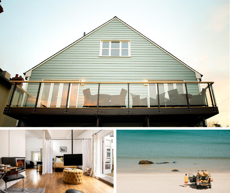 Modern seaside holiday cottage with glass balcony, stylish interior, and a quiet beach scene featuring a 4x4 vehicle and walkers.