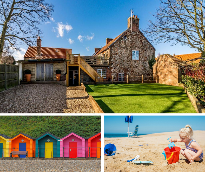 Charming family-friendly cottage with enclosed garden, colourful beach huts, and children playing with toys on the sand.