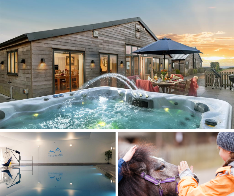 Luxury wooden lodge with hot tub and alfresco dining at sunset, accompanied by an indoor pool with accessible lift and child meeting a pony at a petting farm.