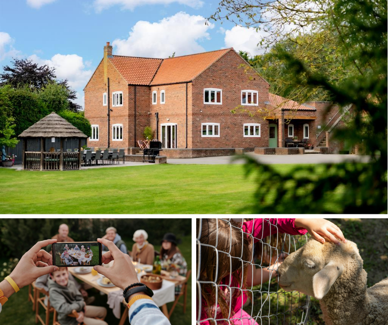 Spacious rural family home with large lawn and outdoor gazebo; accompanied by a multigenerational family gathering outdoors and a child petting a lamb through a fence.