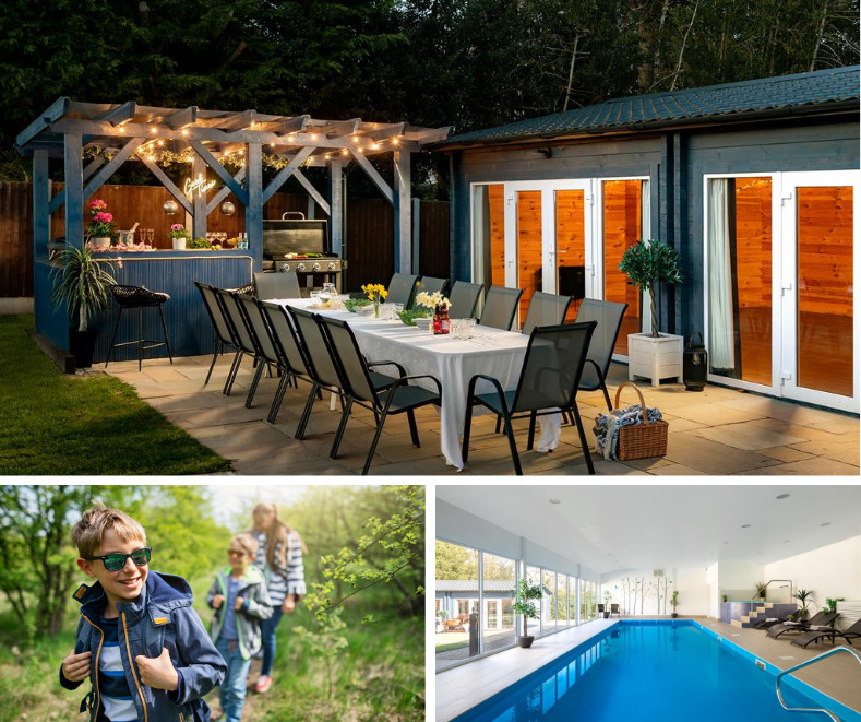 Outdoor dining space with festoon lights beside a modern lodge-style building; complemented by children on a nature walk and a luxurious indoor swimming pool.