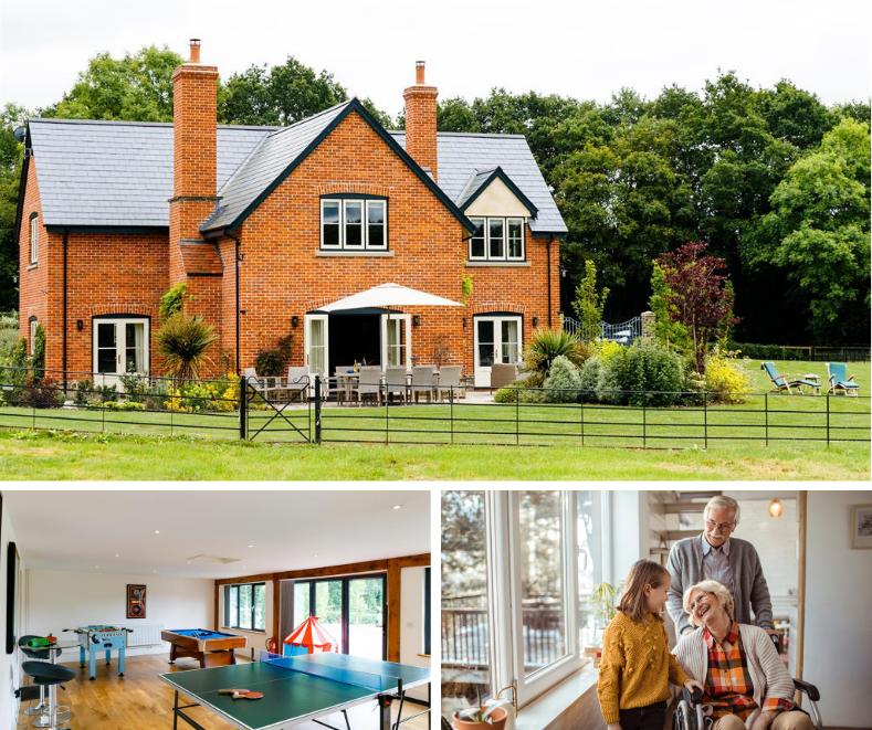 Large red-brick countryside house with outdoor dining area, set in landscaped gardens; followed by images of a games room and an elderly woman in a wheelchair sharing a joyful moment with her family.