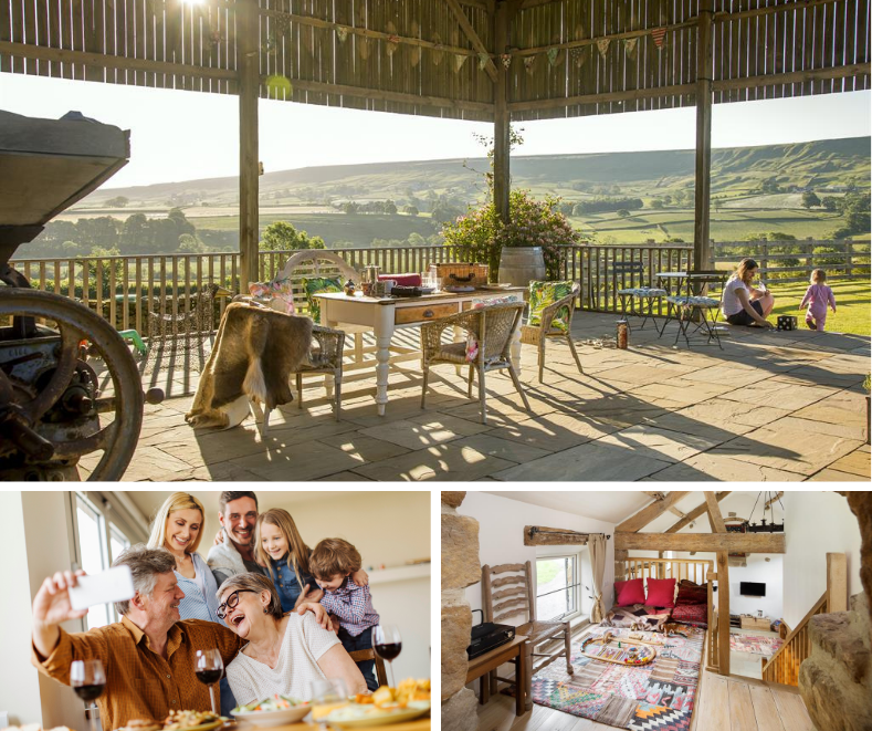 Rustic barn-style terrace overlooking rolling hills, with scenes of multigenerational dining, laughter, and a characterful country bedroom.