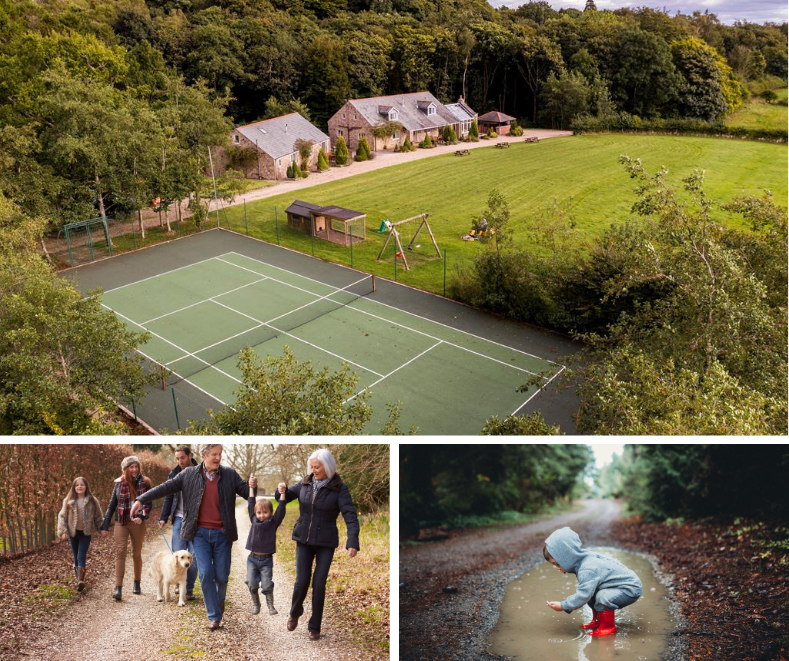 Remote rural cottages with large garden, children’s play area and tennis court; shown alongside a family dog walk and a toddler splashing in a puddle.
