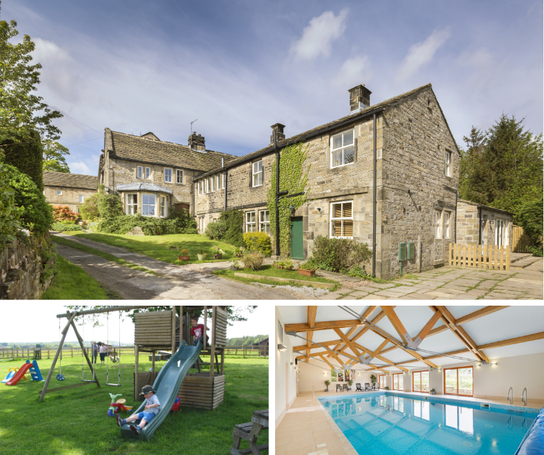 Rustic stone cottages at Uppergate Farm with ivy-covered walls, children playing on a wooden playground and a spacious indoor pool with wooden beams