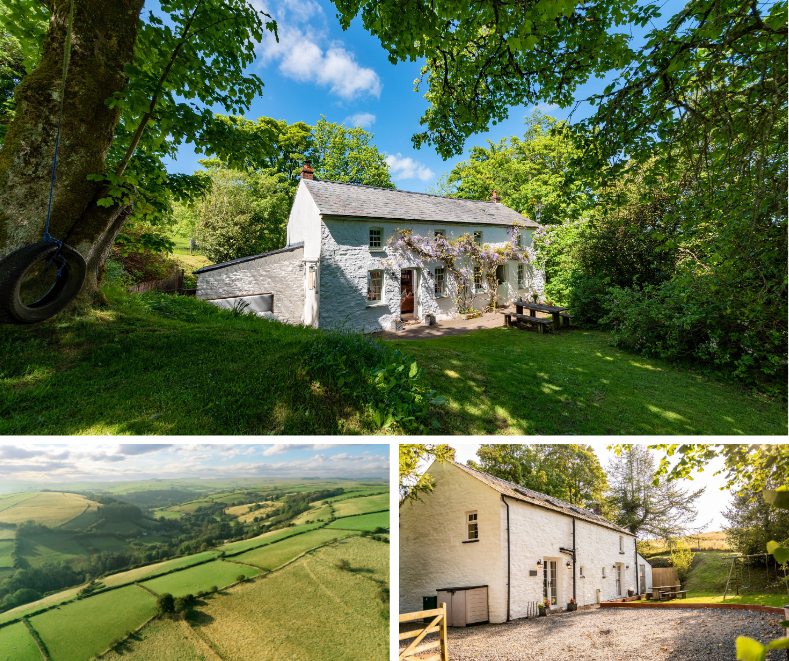 Charming whitewashed country cottage surrounded by greenery, with sweeping views of the Pembrokeshire hills and a peaceful garden with tyre swing.