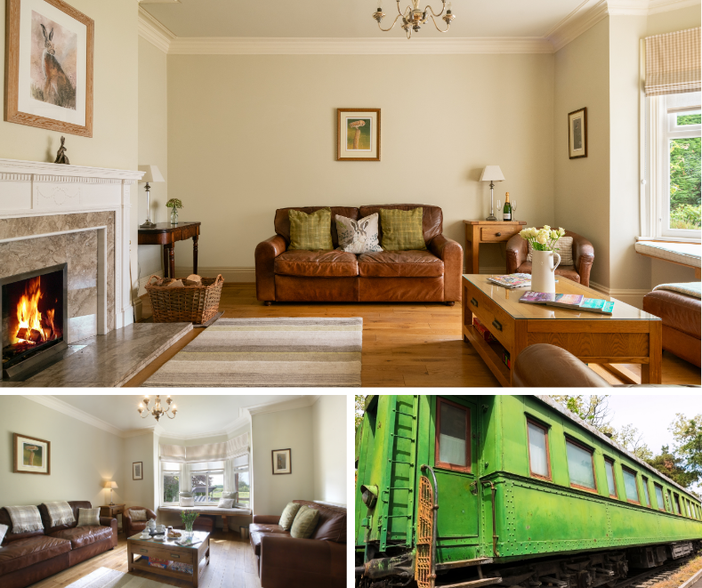 Elegant countryside home with cosy interiors and leather sofas, including a green vintage railway carriage and traditional bay-windowed lounge.