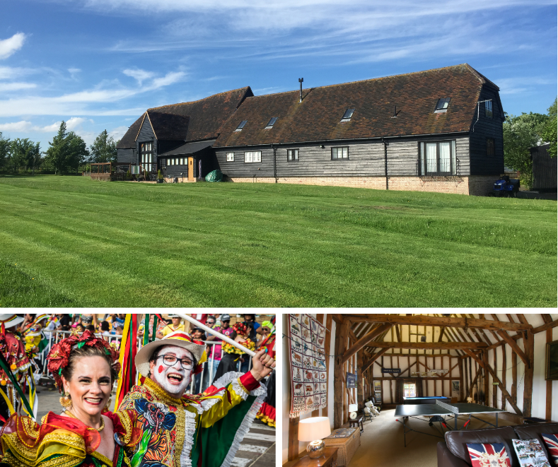 Expansive black barn conversion with a lush lawn, colourful carnival scene, and a rustic games room featuring a ping pong table and exposed beams.