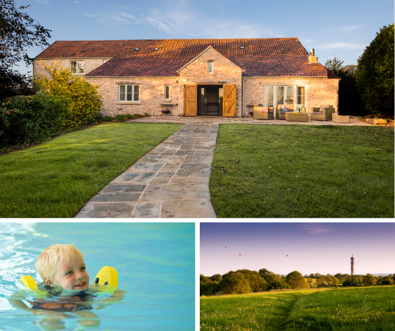 Golden-stone converted barn in Somerset with a paved garden path, indoor pool for children and scenic views of hot air balloons over fields.