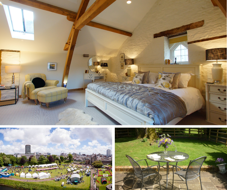 Bright and airy barn-style bedroom with exposed beams, family-friendly outdoor seating, and a local summer event with tents and fairgoers