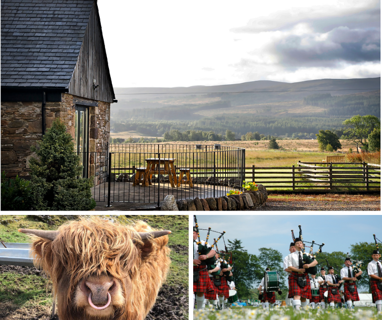 Stone-built holiday cottage with terrace and sweeping Highland views, alongside a Highland cow and a traditional Scottish pipe band.