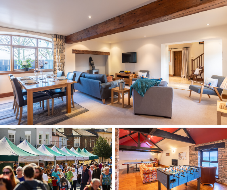 Spacious open-plan cottage interior with exposed beams, bustling local market, and games room with table football and retro décor.