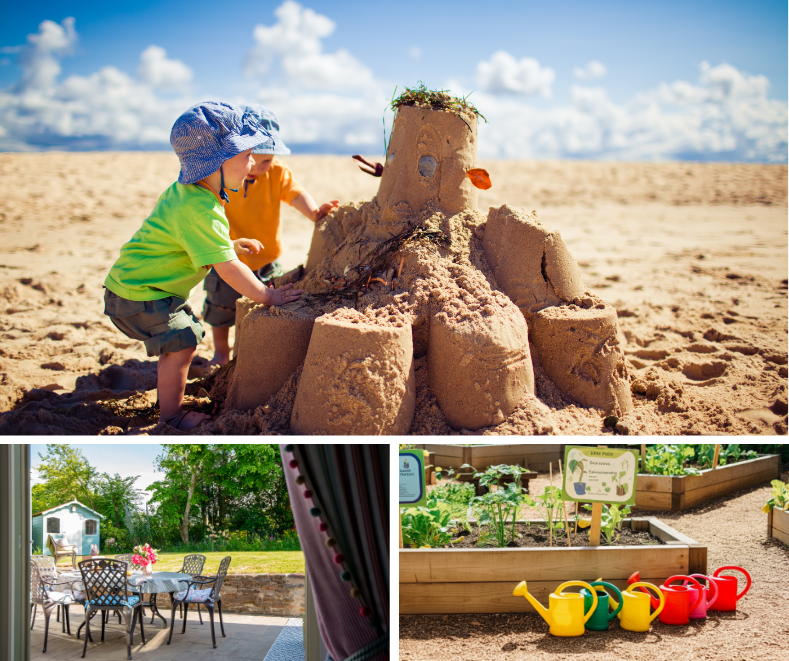 Children building sandcastles on a sunny beach, with views of a private garden patio and colourful children’s vegetable patch and watering cans.