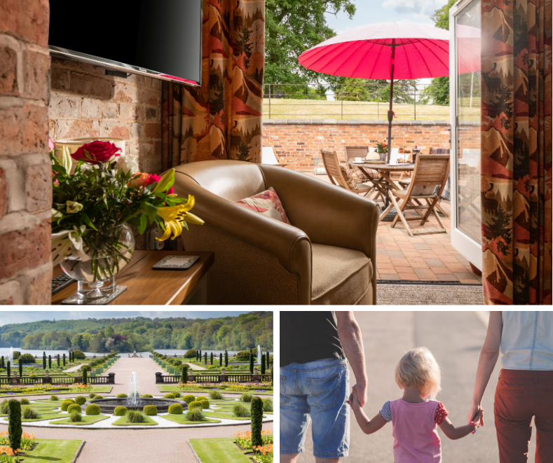 Cosy cottage interior with exposed brick and fresh flowers, leading out to a sunny patio with parasol, nearby formal gardens, and a young family walking hand in hand.