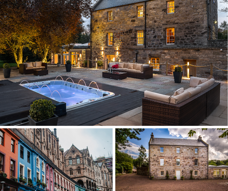 Evening glow around a luxury stone house with stylish outdoor seating and lit spa pool, flanked by charming city streets and a Georgian country property.