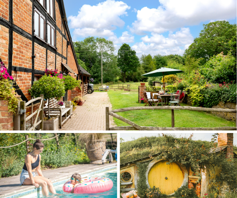 Timber-framed cottage with floral gardens and outdoor seating, poolside relaxation under the sun, and whimsical Hobbit-style round-door home.