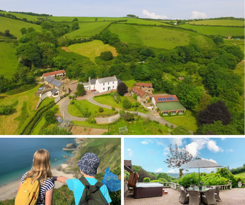 Aerial view of Coulscott Holiday Cottages nestled in lush North Devon countryside with children hiking towards a sandy beach and coastal path.