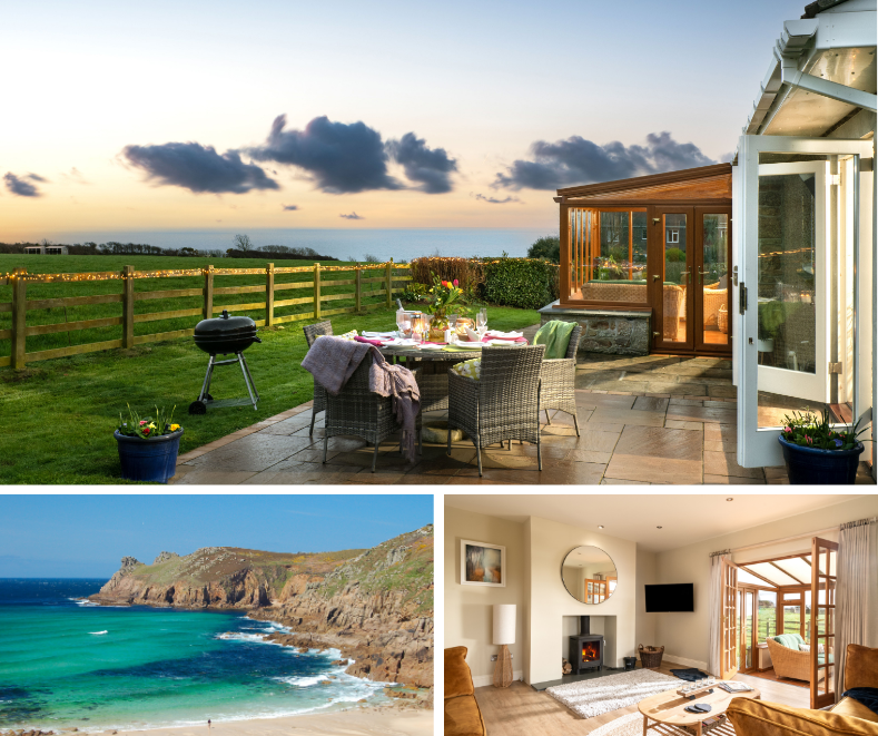 Luxury cottage at Downs Barn Farm featuring sea-view patio dining at sunset, elegant interior lounge with log burner, and a nearby secluded Cornish beach.