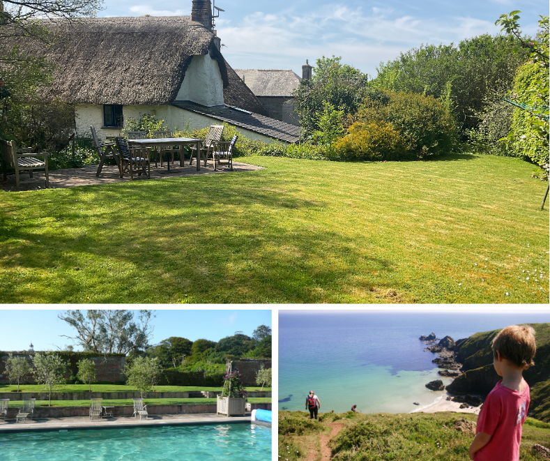 Traditional thatched holiday cottage at Trelowarren with large lawn garden, walled outdoor swimming pool, and young family walking to a tranquil beach.