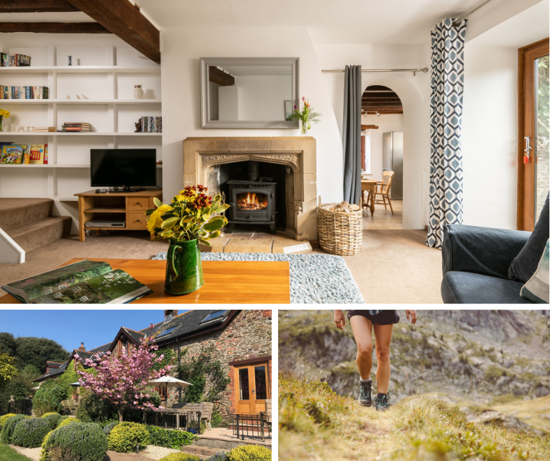 Homely living space with log burner at Nethway Farm, flowering cottage garden, and hiker trekking a scenic trail on Dartmoor.
