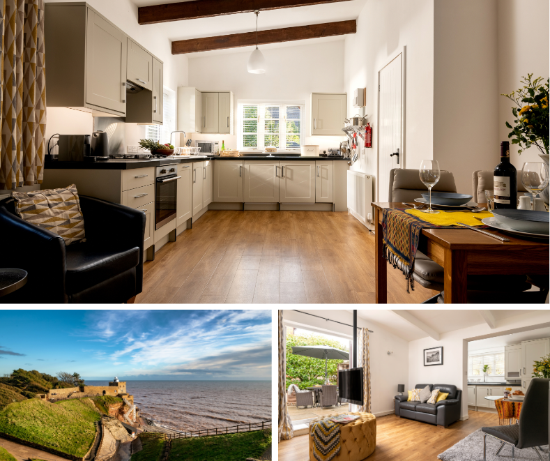 Stylish seaside kitchen and dining space at Bulverton with panoramic views over Sidmouth coast and airy modern living area