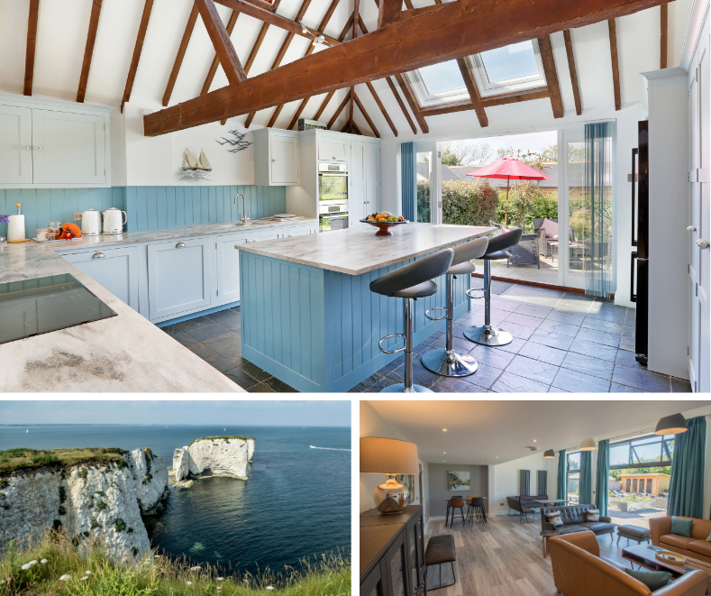 Bright coastal kitchen at Woodhyde with vaulted ceiling, panoramic cliffs and sea views, and modern open-plan living space