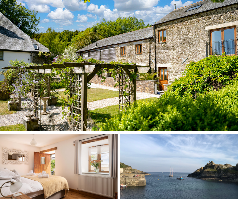Converted barns at East Trenean Farm surrounded by pergola garden, cosy bedrooms with rural charm, and views of a traditional Cornish harbour.