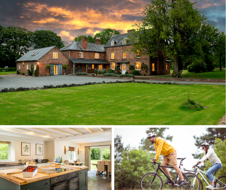 Sunset over cottage with interior of kitchen and mountain biking