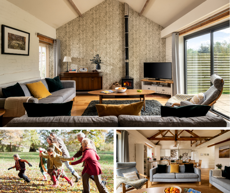 Interior cottage living room and family running through autumn leaves