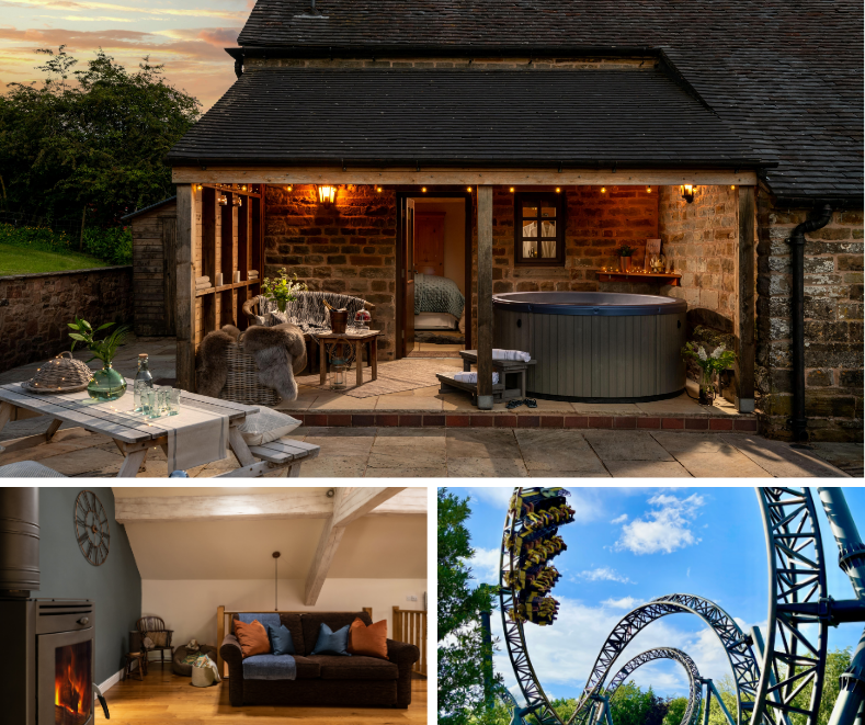 Outdoor hot tub by cottage with living room log fire and roller coaster