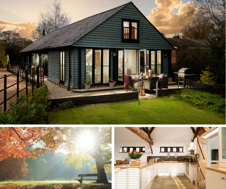Exterior Cottages with photo of kitchen and sun breaking through trees
