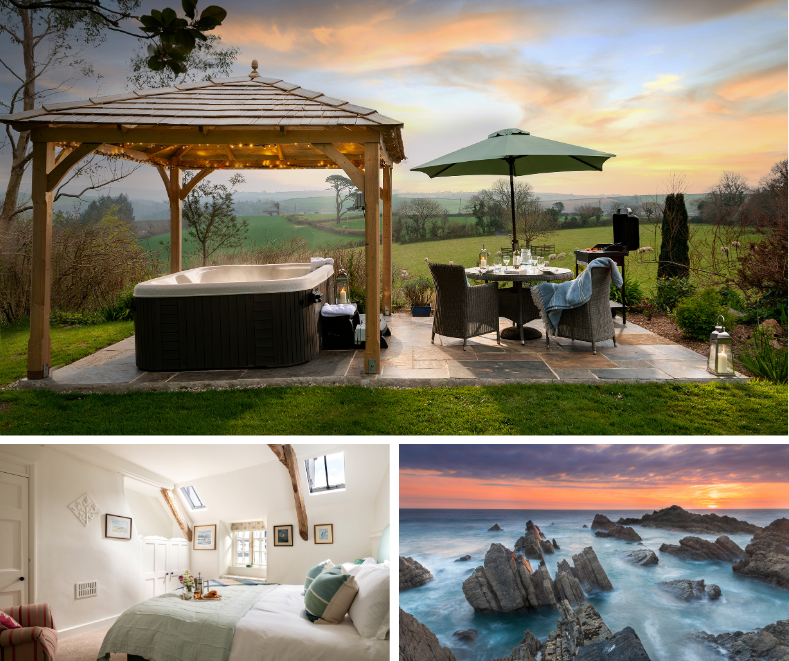 Hot tub with view, cosy bedroom and rocky coastal waters