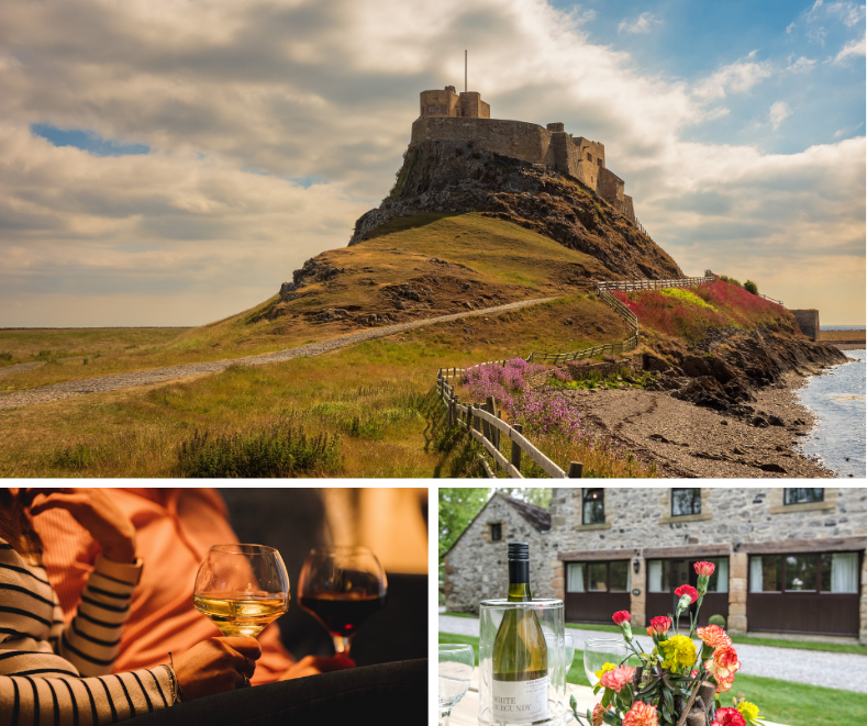 Castle on Holy Island and people holding wine glasses