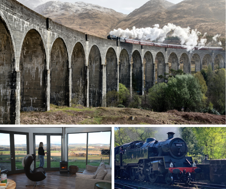 Jacobite railway train and open views of scotland from cost living room